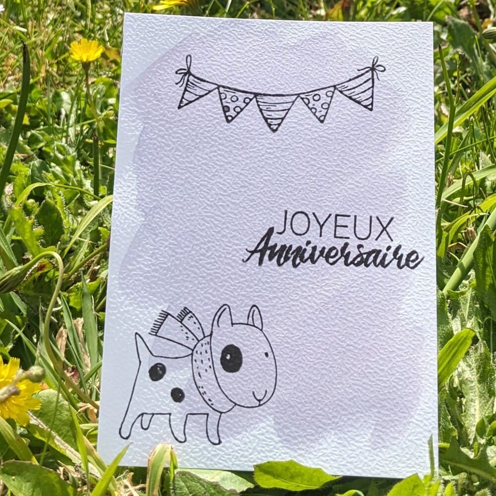 carte anniversaire chien mauve pale